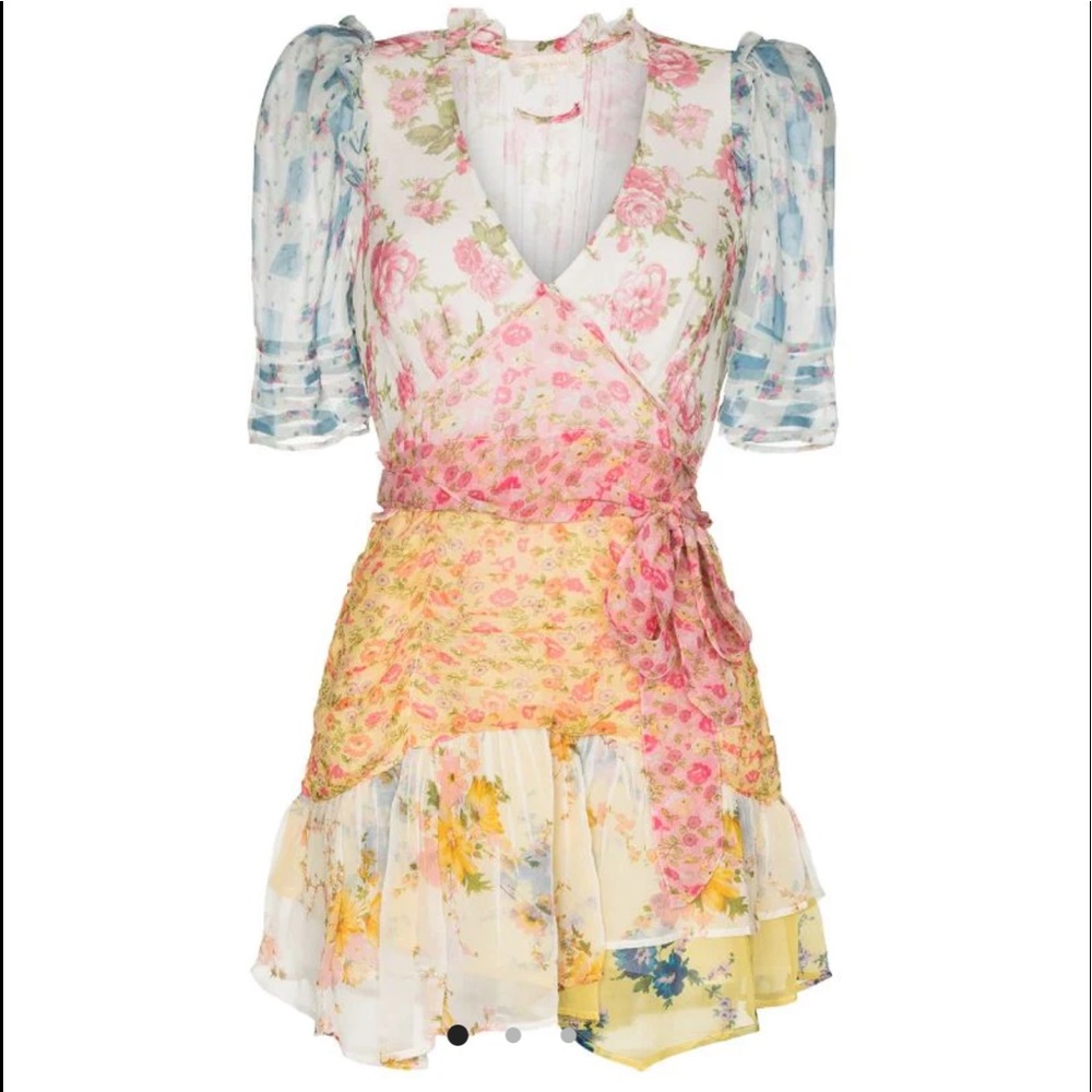 Love shack fancy arlo patch work floral silk dress